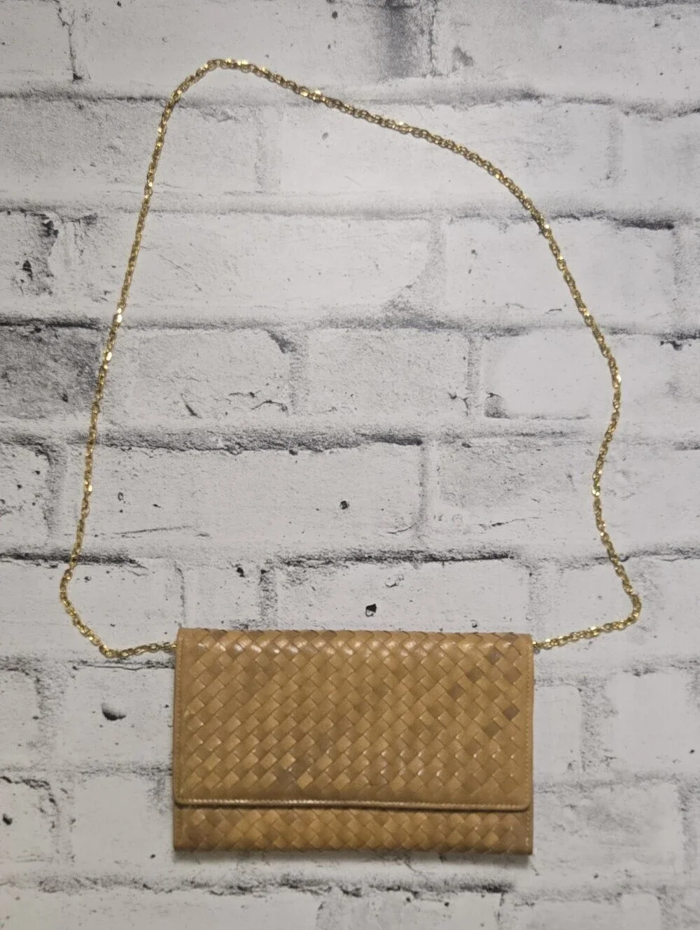 Woven Faux Leather Chain Clutch Crossbody Purse Tan Boho Shoulder Bag